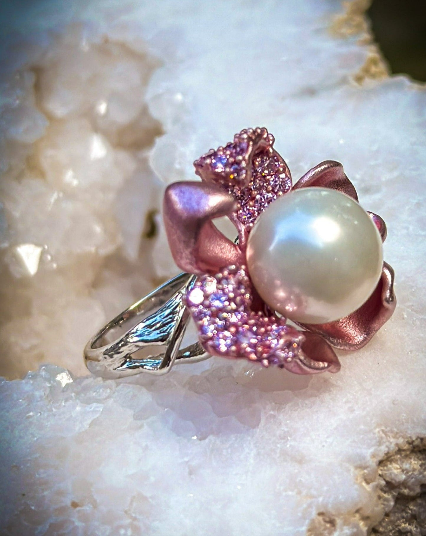Pink Flower Pearl Ring