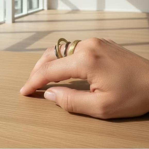 Hand wearing three rings on a beige fabric background