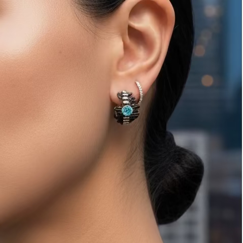 Woman wearing earrings with a cityscape background