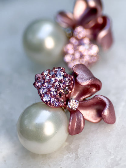 Pink Flower Pearl Earrings