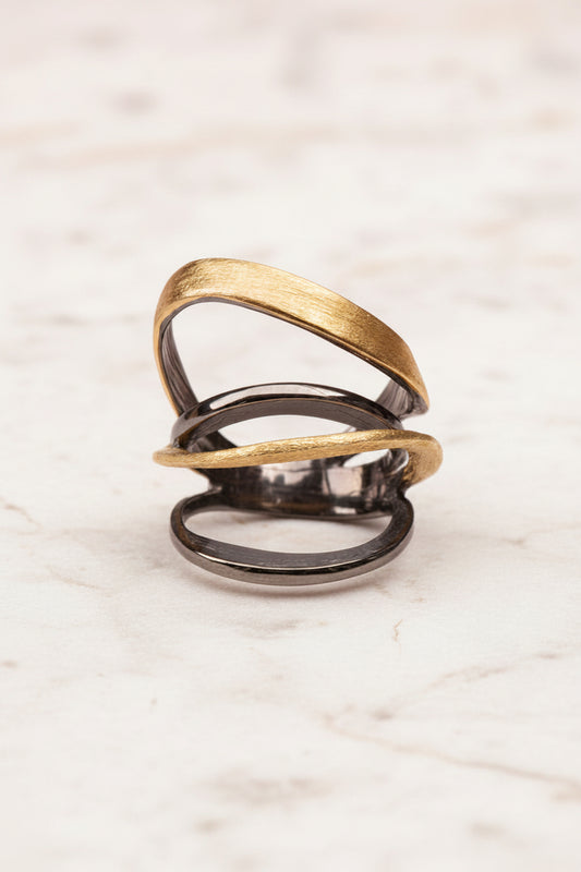 Two intertwined rings, one gold and one black, on a white background