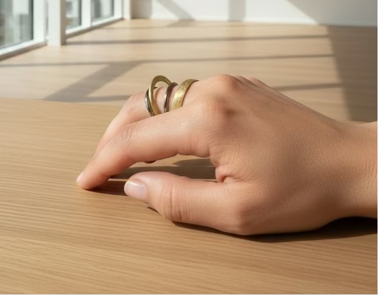 Hand wearing three rings on a beige fabric background
