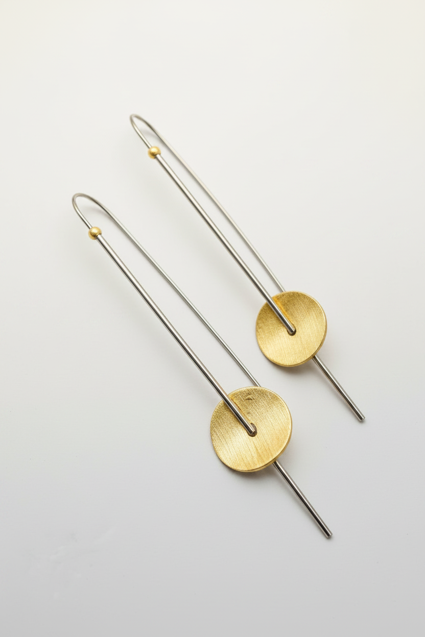 Pair of gold and silver earrings on a light gray background