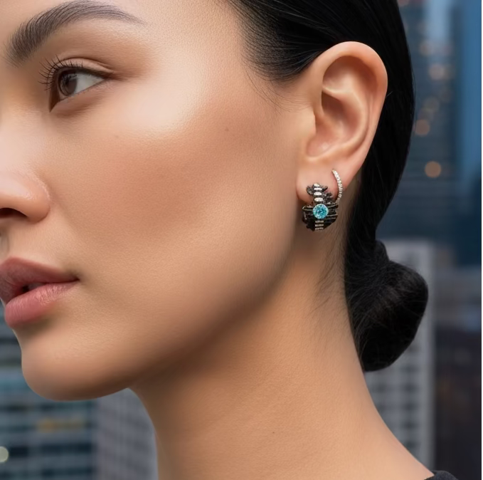 Woman wearing earrings with a cityscape background